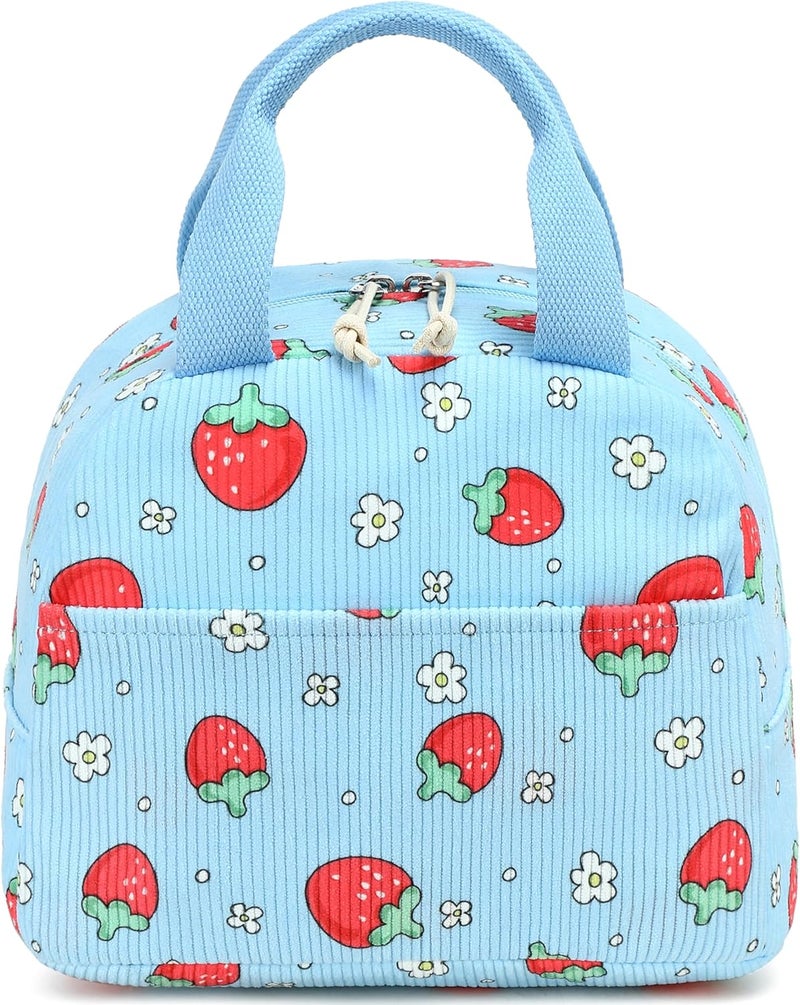 LEDAOU Lunch Box for Women Insulated Lunch Bag Corduroy Lunch Tote Bags Leakproof Cooler Lunch Case for Travel Work Picnic (Blue Strawberry) - Image 2